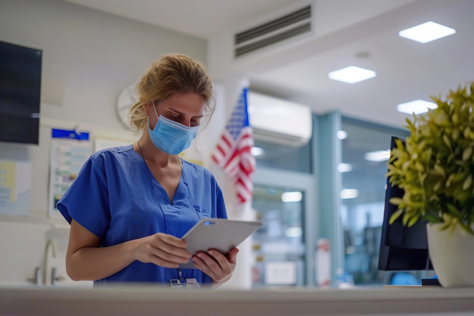Healthcare Professional Utilizing a Tablet in Medical Environment for Patient Care and Monitoring. Dedicated nurse in scrubs uses a tablet, showcasing the significance of modern healthcare technology